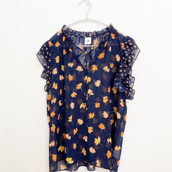 CAbi 5522 Blue Sheer Floral Print Tie-Neck Blouse EUC - Picture 3 of 8